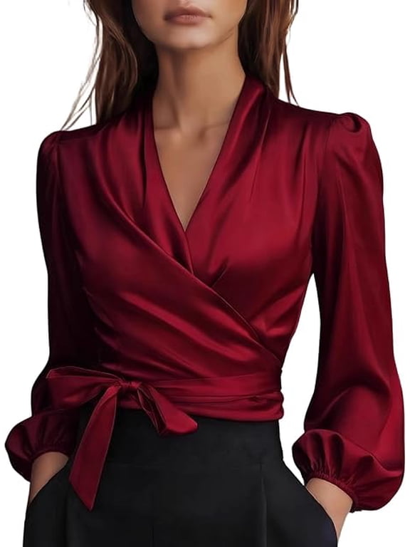 Satin Blouses for Women Elegant Wrap V Neck Long Sleeve Tops Tie Waist Elegant Office Work Cocktail Formal Tops