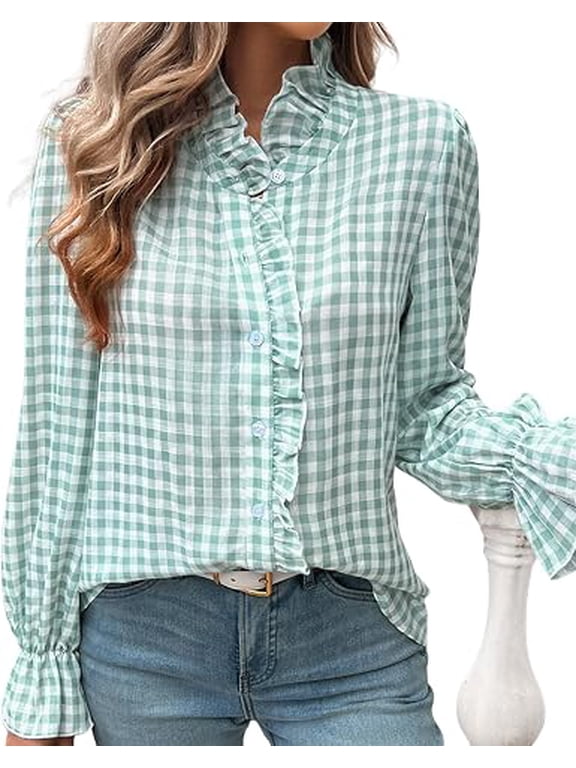 Womens Plaid Shirt Button Down Puff Sleeve Ruffle Neck Gingham Tops Fall Casual Work Business Loose Fit Blouse