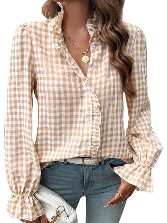 Womens Plaid Shirt Button Down Puff Sleeve Ruffle Neck Gingham Tops Fall Casual Work Business Loose Fit Blouse