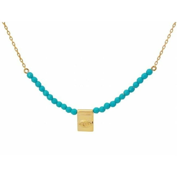 Fronay Collection Silver Gold Plated Center Turquoise Beads Cubic Zirconia Rectangle Eye Charm - 16 in. Plus 2 in.