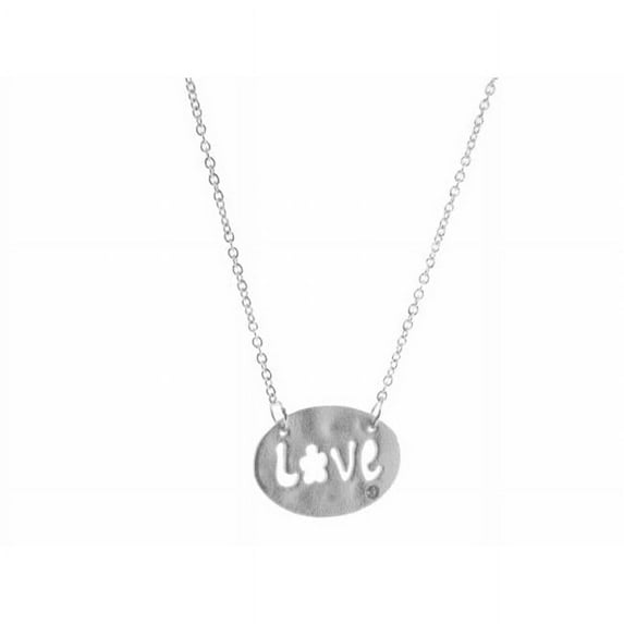 Fronay Collection Silver Rhodium PlatedNecklace 16 in. Plus 2 in. - Link Chain with Oval Pendant Love with Cubic Zirconia