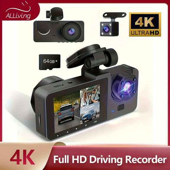 Front 4K/ Built- 1080P Three Channel Front and Rear Built- in Dash Cam, Full HD Car Driving Recorder, Car Camera with Infrared Night Vision, Loop Recording, Comes with 32GB SD Card, WDR,