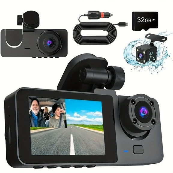 Front 4K/ Built- 1080P Three Channel Front and Rear Built- in Dash Cam, Full HD Car Driving Recorder, Car Camera with Infrared Night Vision, Loop Recording, Comes with32GB SD Card, WDR,
