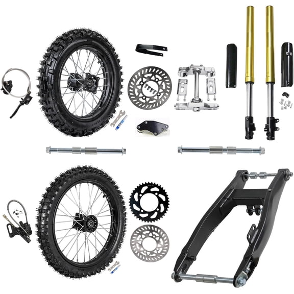 Front 70/100-17 & Rear 90/100-14 Wheel Tire Rim with 15mm Bearing & 14'' Rear Extended Swingarm & Front Forks Assembly for Dirt Pit Bike Apollo SSR 110cc 125cc 140cc 150cc 160cc