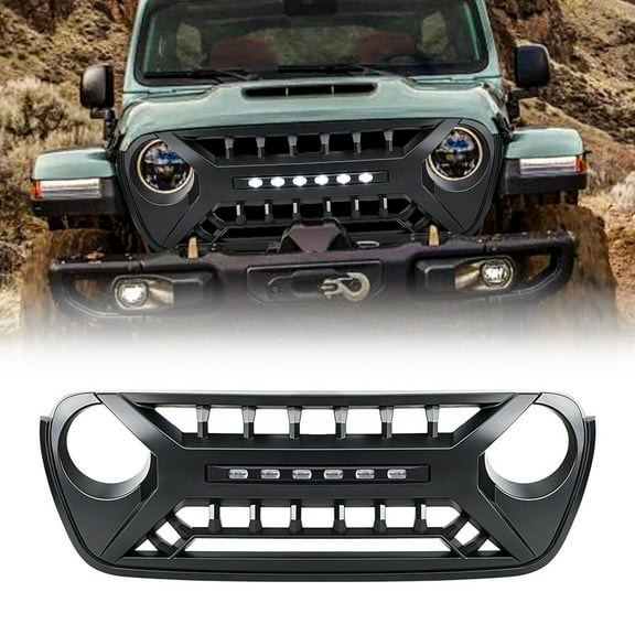 Front Armor Style Grille Bumper Grill w/ Off-Road Light for 2018-2024 Jeep Wrangler JL JLU JT Matte Black