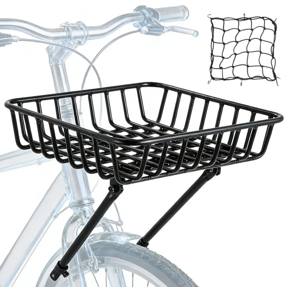 Front Bike Basket Rack, Large Aluminum Alloy Front Bicycle Basket with Struts, Cargo Net, and Hardware, 11-15.4" Adjustable Support Legs, Fits 26-29 in Bicycles