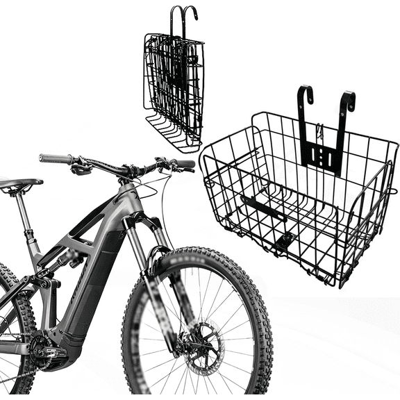 Front Bike Baskets, Folding Bicycle Wire Basket for Mountain Bike Front Handlebar or Rear Cargo Rack Storage Basket
