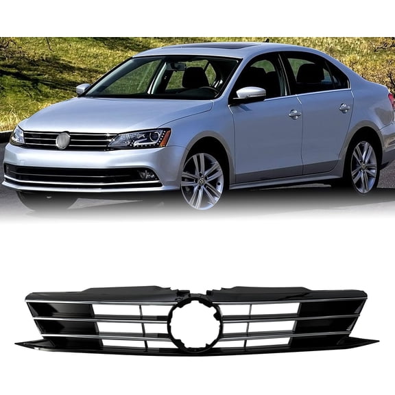 Front Black Bumper Upper Grille Grill Cover Mesh with Chrome Trim Compatible with Volkswagen 2015 2016 2017 2018 VW Jetta, Replace for VW1200165 5C6853651AJZLL