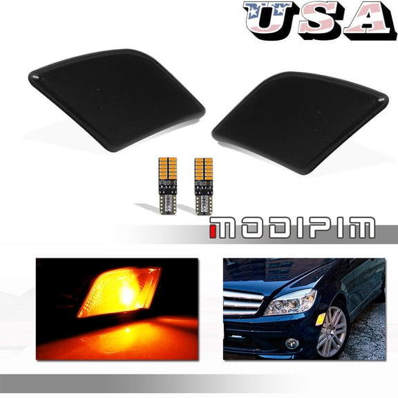 Front Black Side Marker Lights with Amber LED Bulbs for 2008 - 2011 for Mercedes-Benz W204 C-Class -