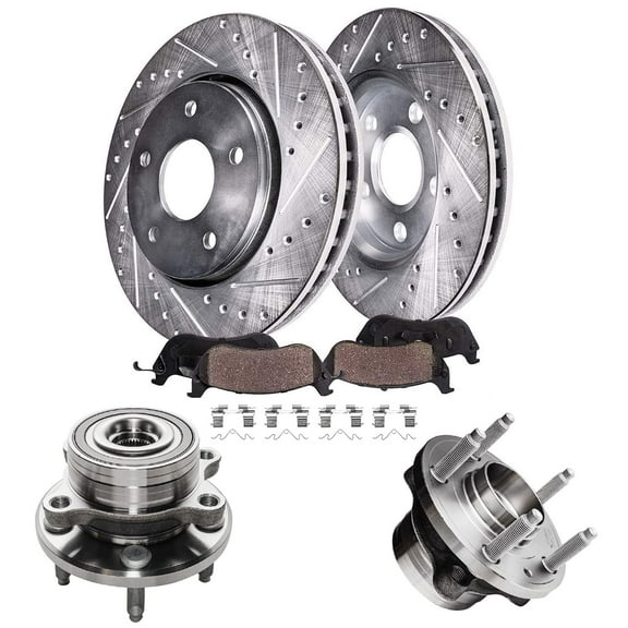 Front Brake Kit for Ford Explorer 2011-2019, Drilled and Slotted Disc Brake Rotors Ceramic Brakes Pads Wheel Bearing Hubs Assembly Replacement