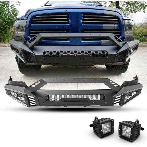 Front Bumper for 2013-2018 Dodge RAM 1500 Pickup Truck(w/o Rebel)2019-2024 Ram 1500 Classic(w/o Warlock),Paintable Bumper w/Bull Bar,LED Pod Light & Light Bar Bracket