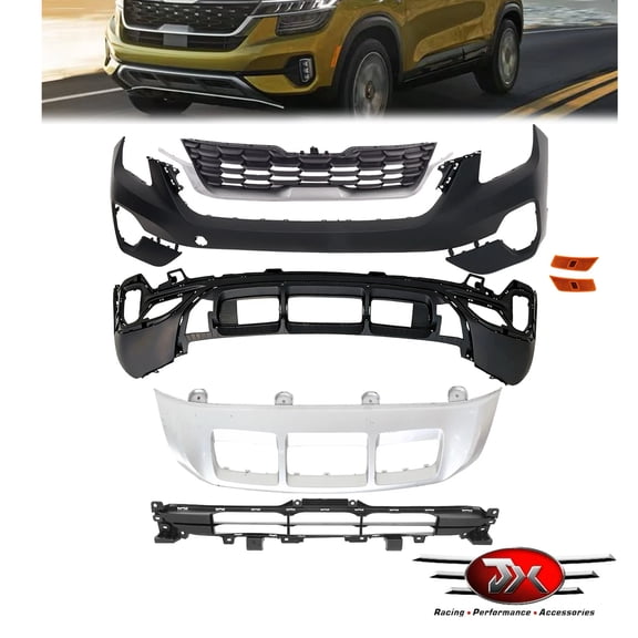 Front Bumper Assembly Compatible with 2021-2023 Kia Seltos LX Grille Grill & Lower Skid Plate Valance & Upper Lower Bumper Cover With Side Marker Light 86350Q5000 86354Q5300 KI1036173