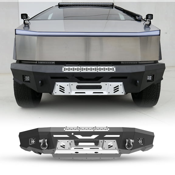 Front Bumper Compatible with Tesla Cybertruck 2024 2025,Heavy Duty Steel Bumper with Side Wings & Winch Plate & Skid Plate