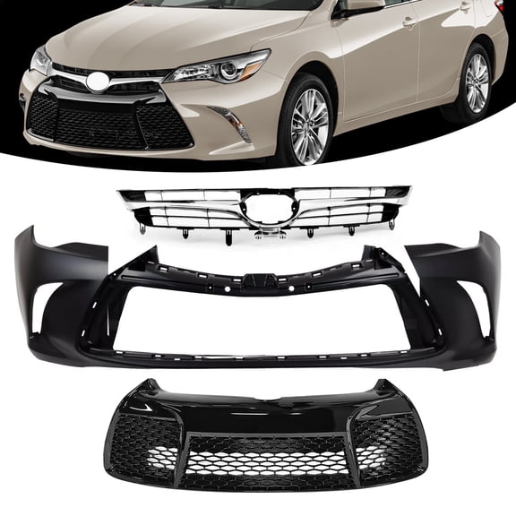 Front Bumper Cover+Upper Lower Grille For 2015 2016 2017 Toyota Camry
