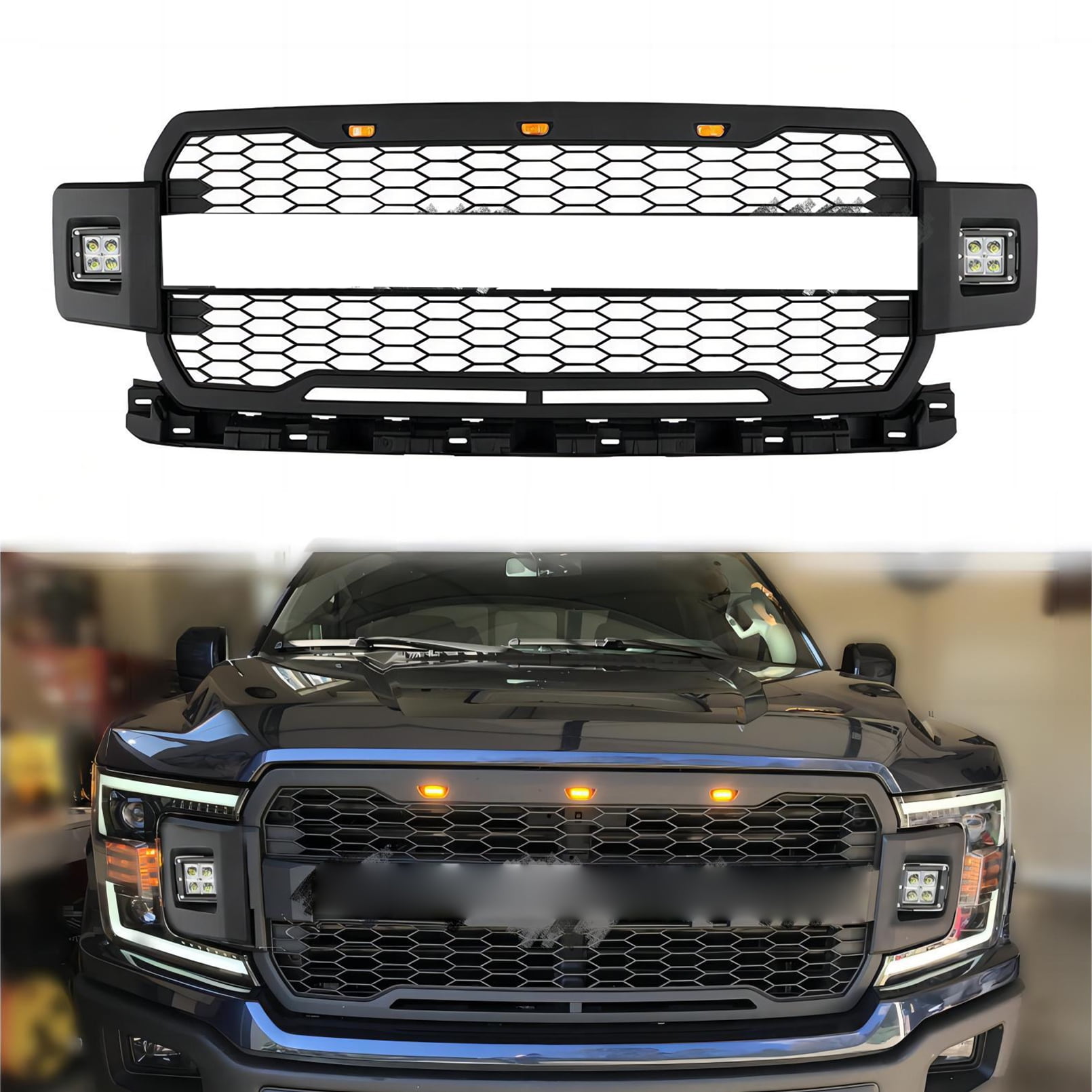 Front Bumper Grille Raptor Style Grill With Side Lights Fit For 2018 2019 2020 F150 F-150 Pickup Truck Front Matte Black Front Bumper Mesh Grill Grille
