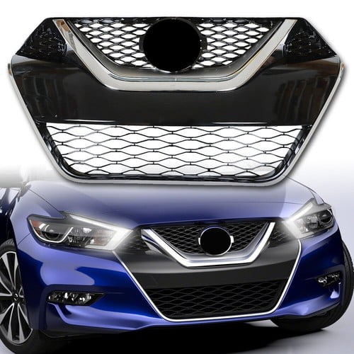 Front Bumper Grille Replacement for 2016-2017 Nissan Maxima, Mesh Style ABS Plastic Grill Glossy Black Chrome
