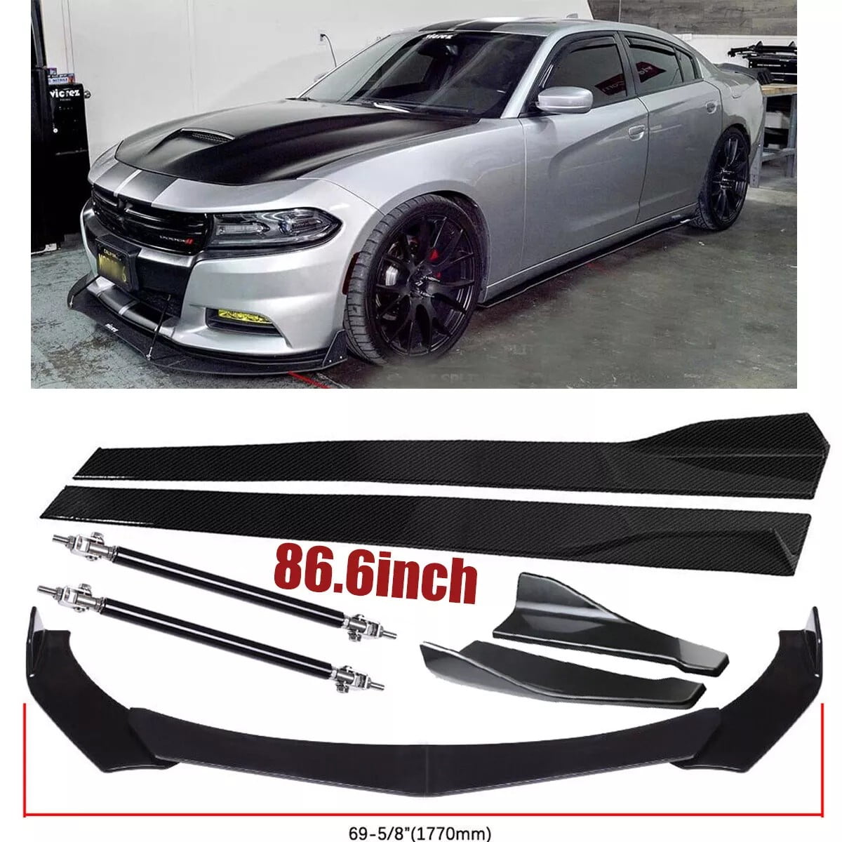Front Bumper Lip Splitter+Side Skirt+Strut Rod Glossy For Dodge Charger SRT Scat