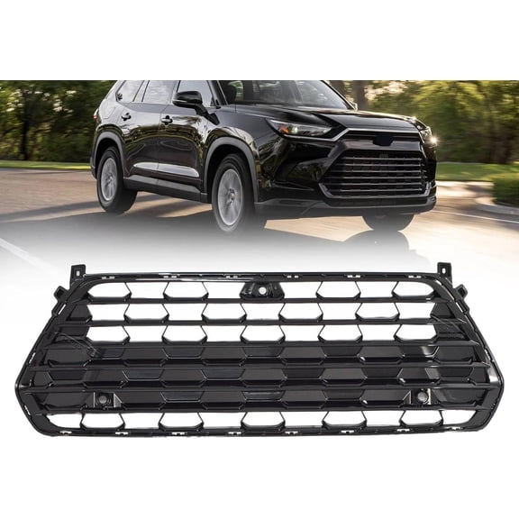Front Bumper Lower Grille w/Sensor Holes Camera Hole Compatible with Toyota Grand Highlander 2024-2025 Grill Bright Black 53112-0E350