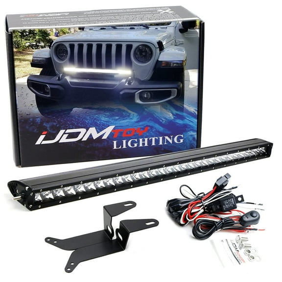 Front Bumper Mount 30-Inch Single Row LED Light Bar Kit For Jeep 2018-up Wrangler, 2020-up Gladiator, 150W LED Lightbar, Above Bumper Mounting Brackets & On/Off Switch Wire