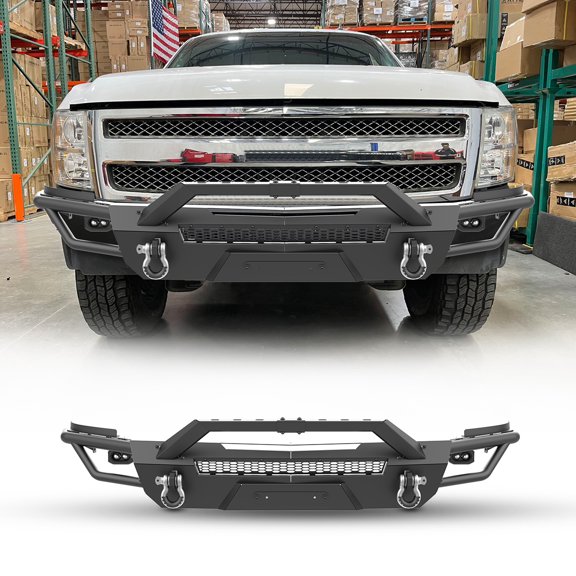 Front Bumper+Side Wings+Bull Bar For 2007-2013 Chevy Silverado 1500 w/2 x D-Rings+2 x Pod Lights