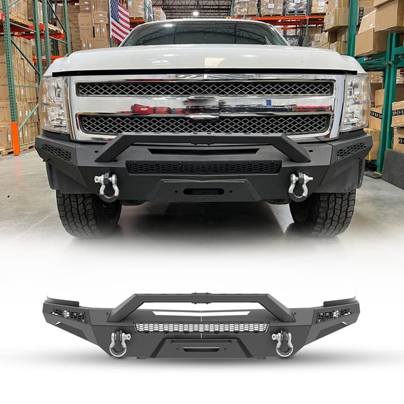 Front Bumper+Side Wings+Bull Bar+Winch Plate For 2007-2013 Chevy Silverado 1500 w/2x D-Rings+2 x Pod Lights
