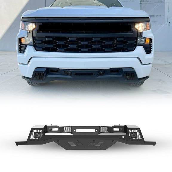 Front Bumper + Skid Plate For 2022 2023 2024 Chevrolet Silverado 1500(exclude ZR2)w/a set of Pod Lights