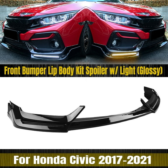 Front Bumper Spoiler Lip W/Light For Honda Civic SI 2/4 Door Hatchback 2017-2021  Gloss Black Black Carbon Fiber Look