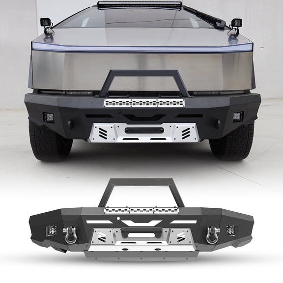 Front Bumper for Tesla Cybertruck 2024 2025,Heavy Duty Steel Bumper with Side Wings & Bull Bar & Winch Plate & Skid Plate,with D-Rings w/LED Pod Lights