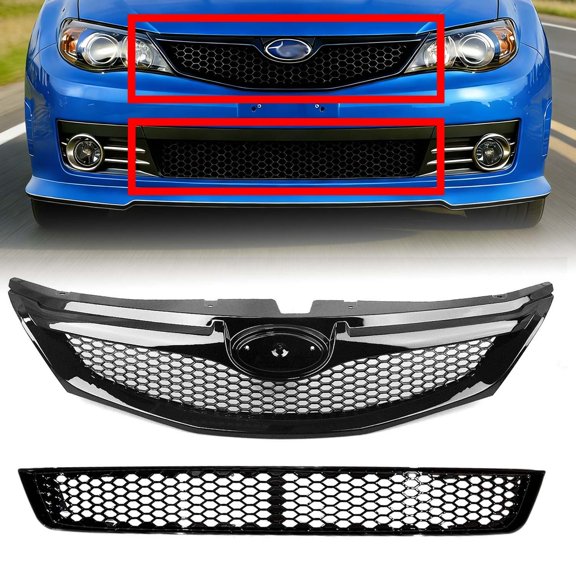 Front Bumper Upper & Lower Grille For Subaru Impreza WRX STI 2008-2011, Gloss Black Mesh Replacement Grille