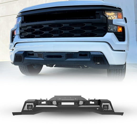 Front Bumper + Winch Plate For 2022 2023 2024 Chevrolet Silverado 1500(exclude ZR2)w/a set of Pod Lights
