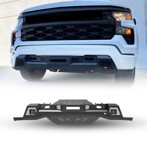 Front Bumper + Winch Plate + Skid Plate For 2022 2023 2024 Chevrolet Silverado 1500(exclude ZR2)w/a set of Pod Lights