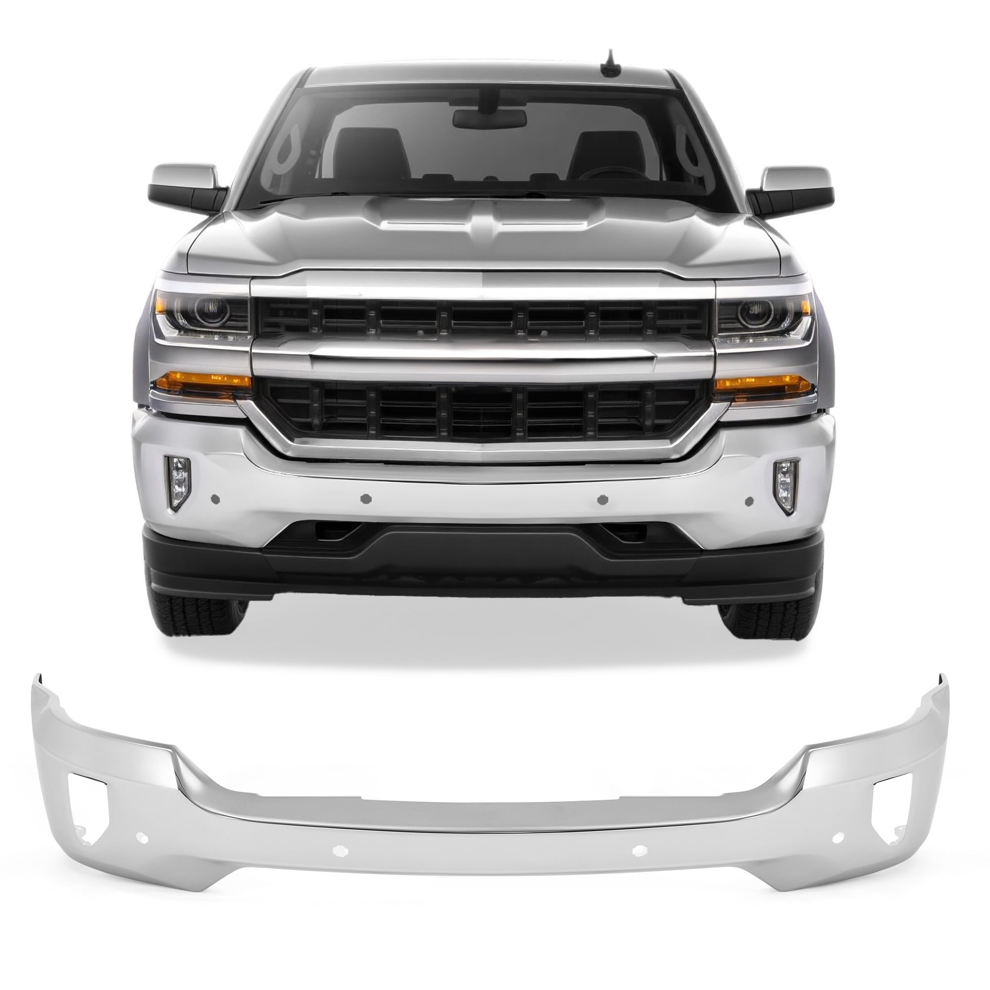 Front Bumper for 16-18 Chevy Silverado 1500 w Fog & Parking Holes Chrome