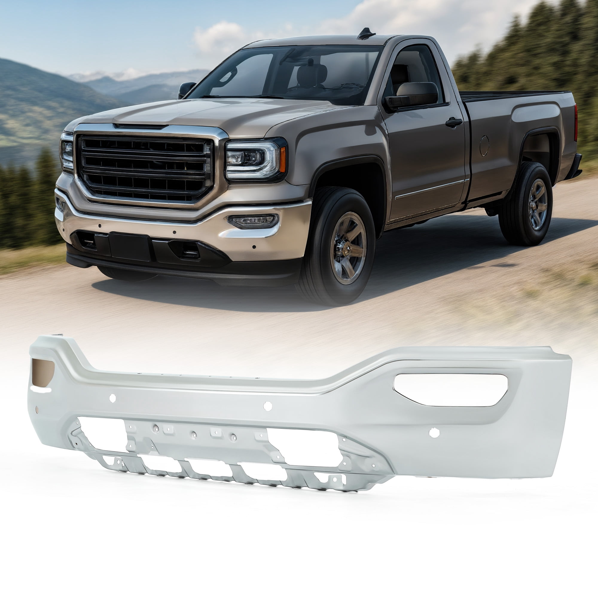 Silscvtt Front Steel Bumper For GMC Sierra 1500 2016-2018, Black, With Sensor & Fog Light Holes