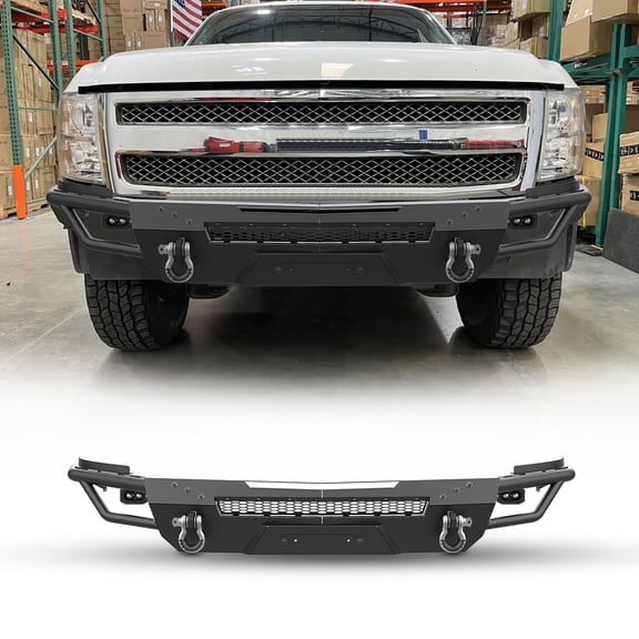 Front Bumper for 2007-2013 Chevy Silverado 1500,Heavy Duty Steel Front Bumper with 2 D Rings & 2 Light,Body+Circular Pipe Side Wings