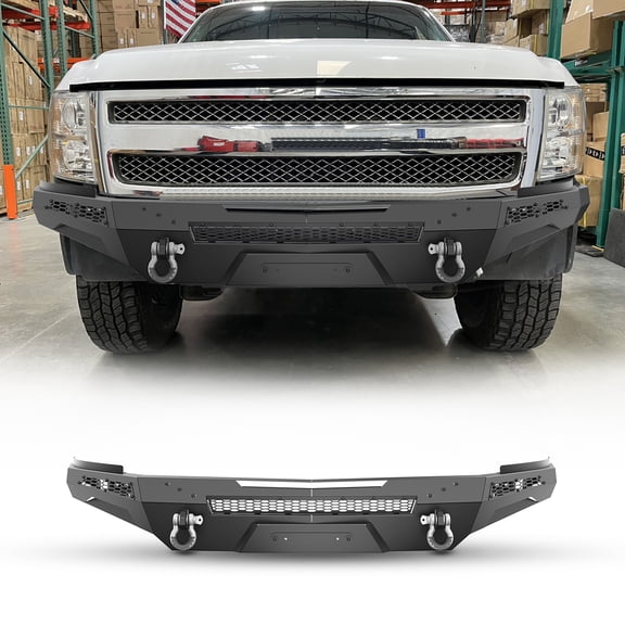 Front Bumper for 2007-2013 Chevy Silverado 1500,Heavy Duty Steel Front Bumper with 2 D Rings & 2 Light,Body+Sheet Metal Side Wings