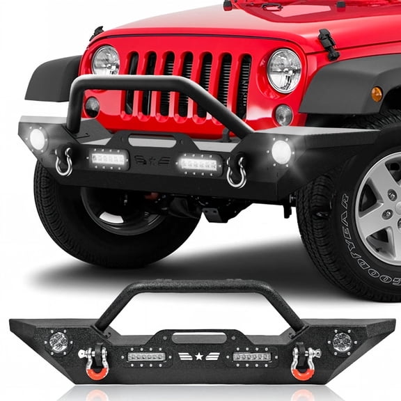 Front Bumper for 2007-2018 Jeep Wrangler JK, 2018-2026 Wrangler JL Unlimited, Off-Road Steel Bumper with LED Lights, Winch Plate, D-Rings, Black