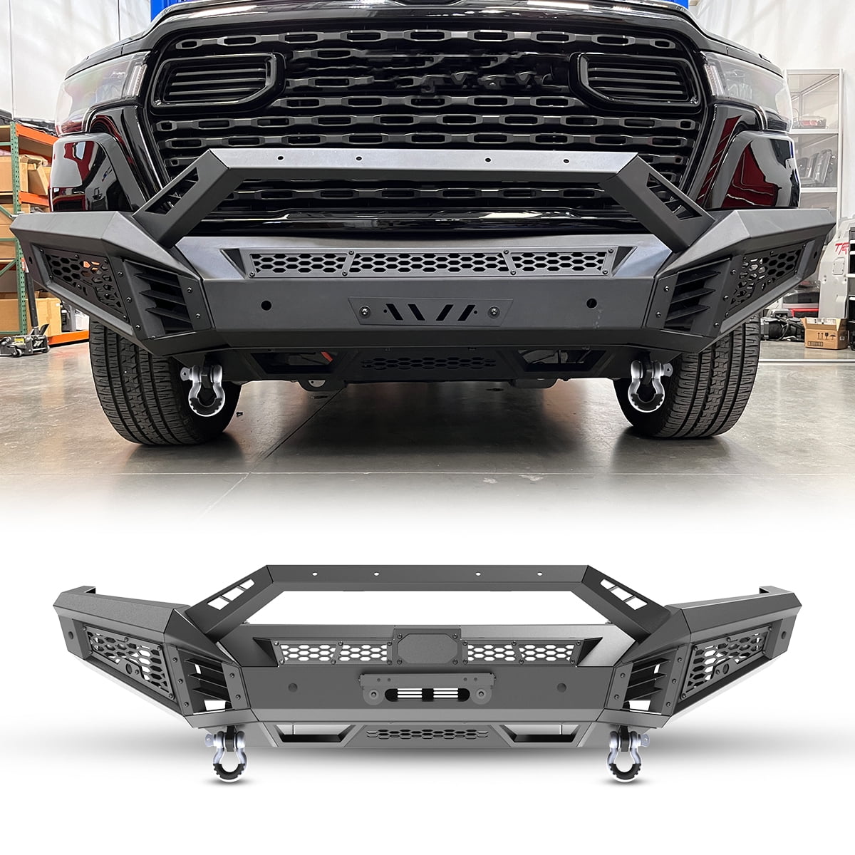 Front Bumper for 2025 Ram 1500,Heavy Duty Steel Full Width Front Bumper with Side Wings A & Bull Bar A & Winch Plate
