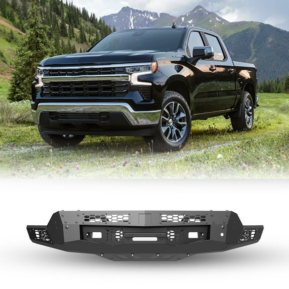 Front Bumper w/Skid Plate+ Bumper Winch Plate For 2022 2023 2024 Chevrolet Silverado 1500(Exclude ZR2)w/4"Pod Lights