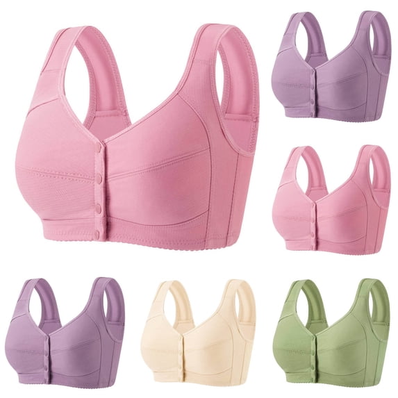 Front Button Bra for Women Plus Size No Underwire Wide Shoulder Straps Casual Daily Bra Pinks XL