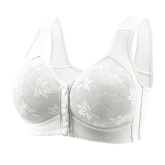 Front Button Lace Bra, Womens Wide Strap Full Support Wireless Comfortable Thin Cup Breathable Brassiere White 5XL