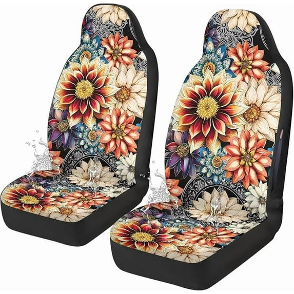 Front Car Seat Covers Boho Mandala Mexican Dahlia Blossom Waterproof Seat Cover for Full Back and Seat Bucket Seat Covers,Automotive Accessories Interior Decoration,Pack of 2