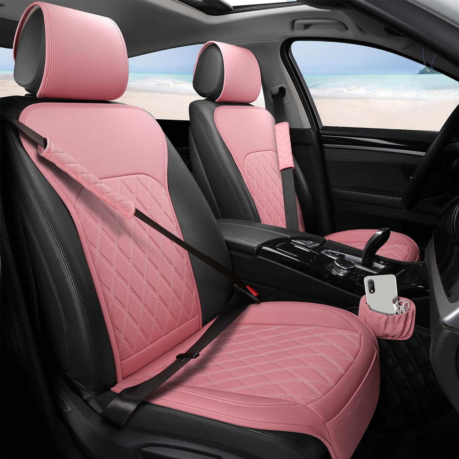 Front Car Seat Covers Leather Seat Covers with Storage Pocket and Two