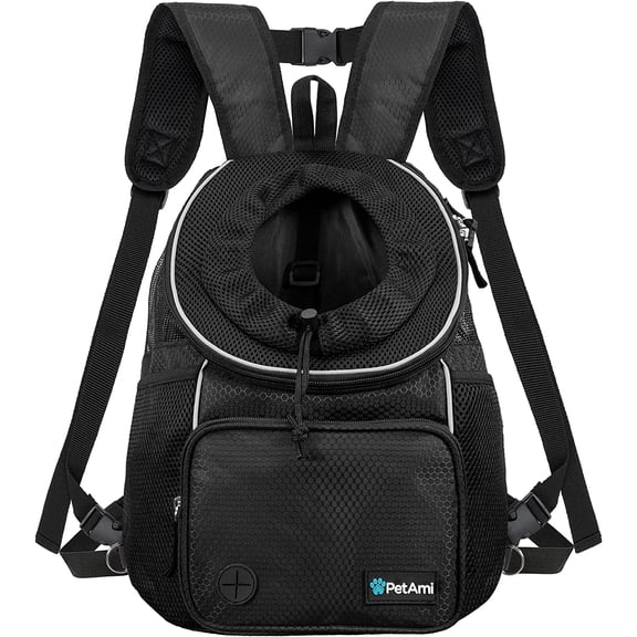 Front Carrier Backpack for Small to Medium Dogs and Cats, Ventilated, Adjustable, 15.5x9x18 Inches, Black