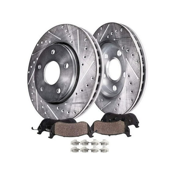 Front Ceramic Brake Pad and Front Drilled and Slotted Brake Rotor Kit - Compatible with 2009 - 2019 Toyota Corolla 2010 2011 2012 2013 2014 2015 2016 2017 2018