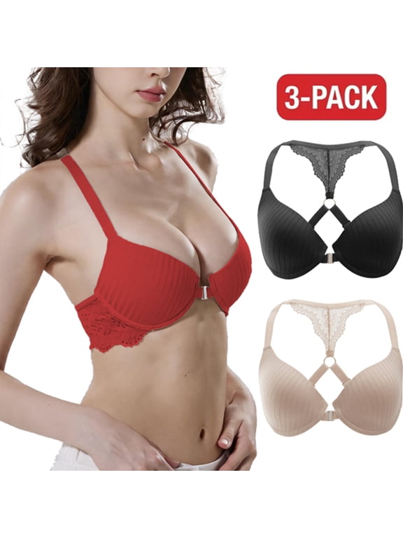 Front Closure Bra 3-Pack for Women, Push-Up Underwire Racerback Bras with Lace Trim, Red / Black / Nude, Sizes 32B–40C, Qeldulk
