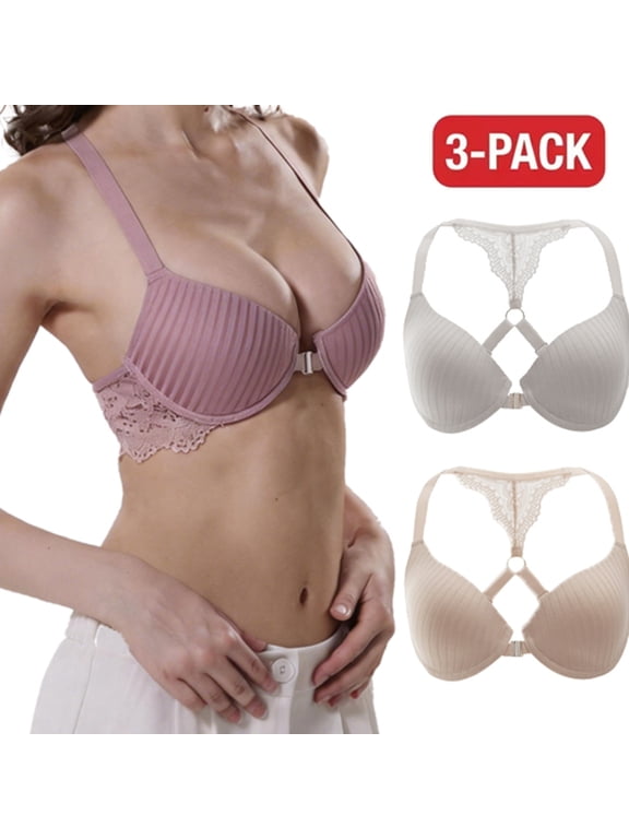 Front Closure Bra 3-Pack for Women, Push-Up Underwire Racerback T-Shirt Bras with Lace Trim, Rose Pink / White / Nude, Sizes 32B–40C, Qeldulk