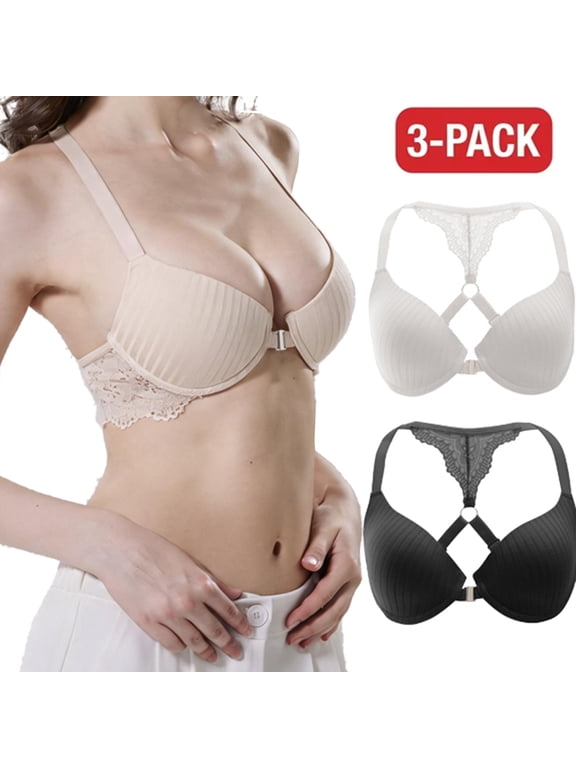 Front Closure Bra 3-Pack for Women, Push-Up Underwire T-Shirt Bras with X-Cross Racerback and Lace Trim, Nude / White / Black, Sizes 32B–40C, Qeldulk