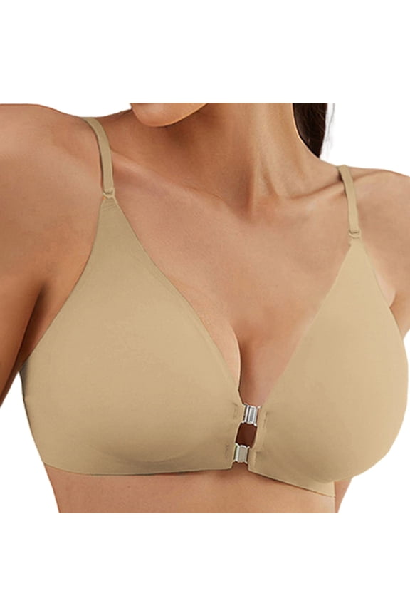 Front Closure Bra for Women Racerback Bras with Metal Magnetic Front Closure Wireless for Women No Underwire Seamless Soft Lightweight Supportive Bralettes Daily Beach Wear, Khaki M
