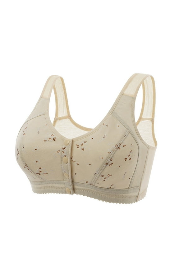 Front Closure Bra for Seniors No Underwire Padded Bra Floral Printed Push Up Bra Wide Shoulder Strap for Mom Grandma