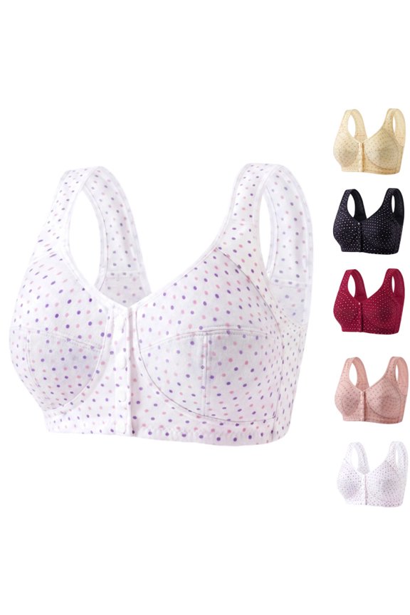 Front Closure Bra for Women Polka Dots Comfort Wide Strap Breathable Wireless Push Up Everyday Bras White 38